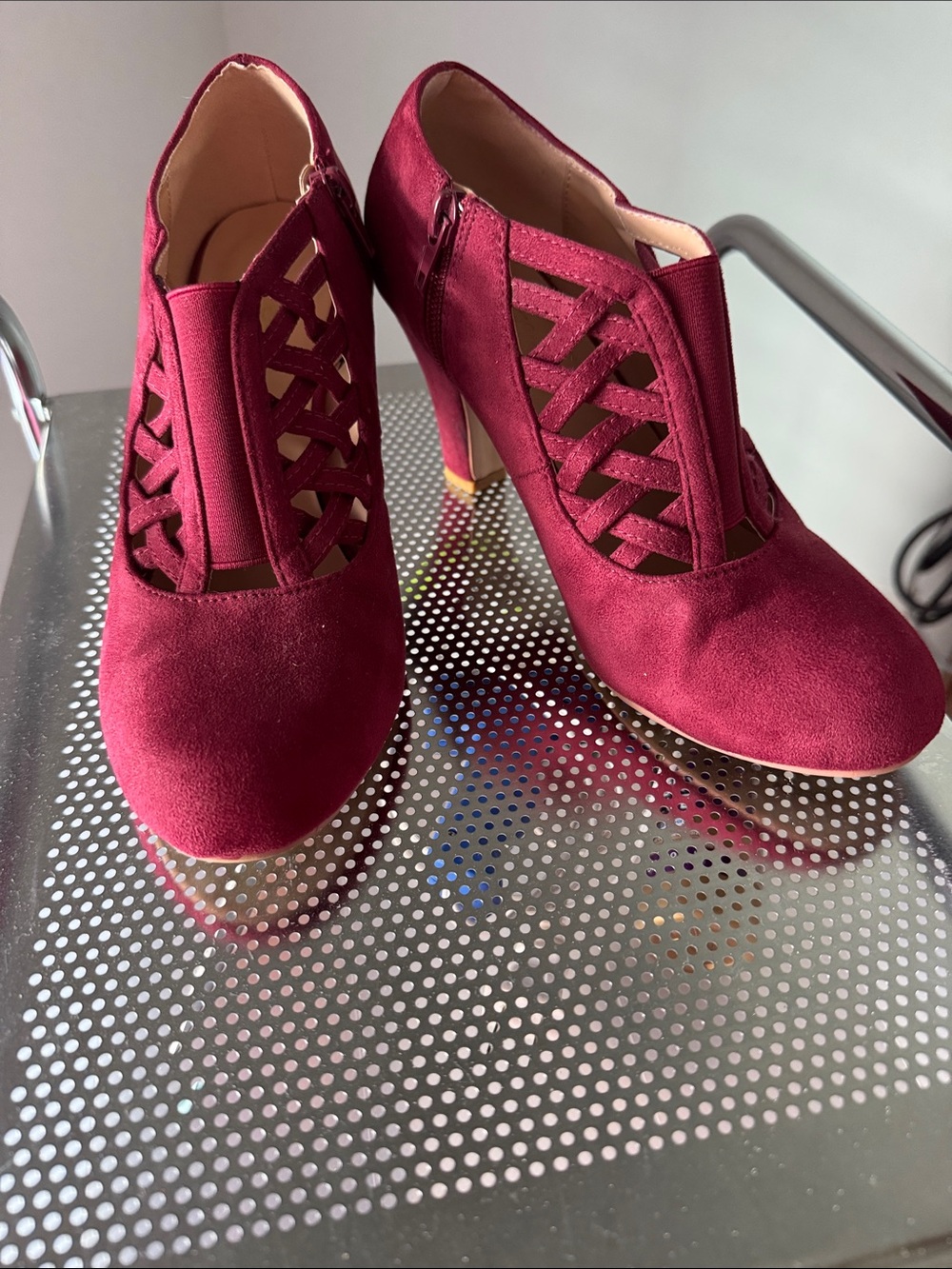 Like new! Women's Lace-Cut Suede High Heel Booties in Burgundy